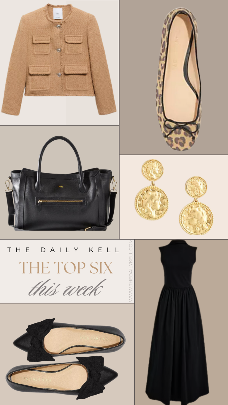 A fashion collage featuring a camel-colored jacket, a black tote bag, gold coin earrings, a black dress, and leopard print and black bow flats.