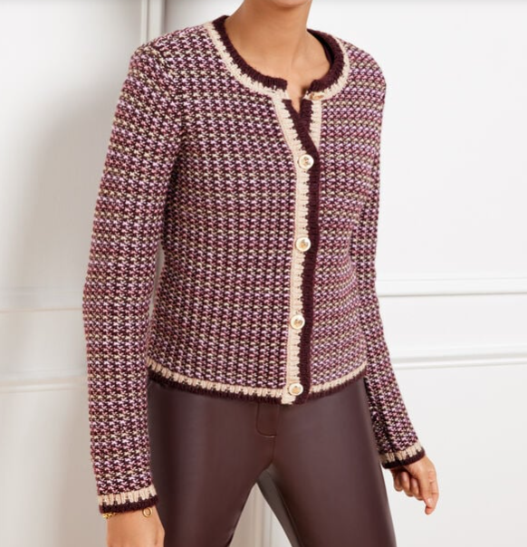 tweed crewneck cardigan, talbots tweed cardigan, burgundy cardigan, weekly styled look