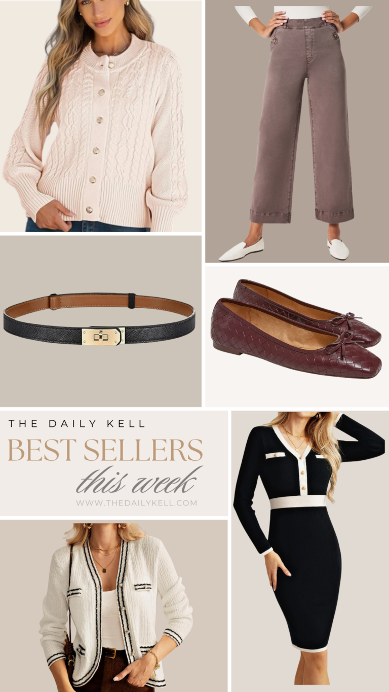 weekly best sellers featuring a tuckernuck look cardigan, spanx cropped pants, hermes kelly epsom belt for less, wine ballet flats, burgundy ballet flats, chanel like sweater, chanel like dress