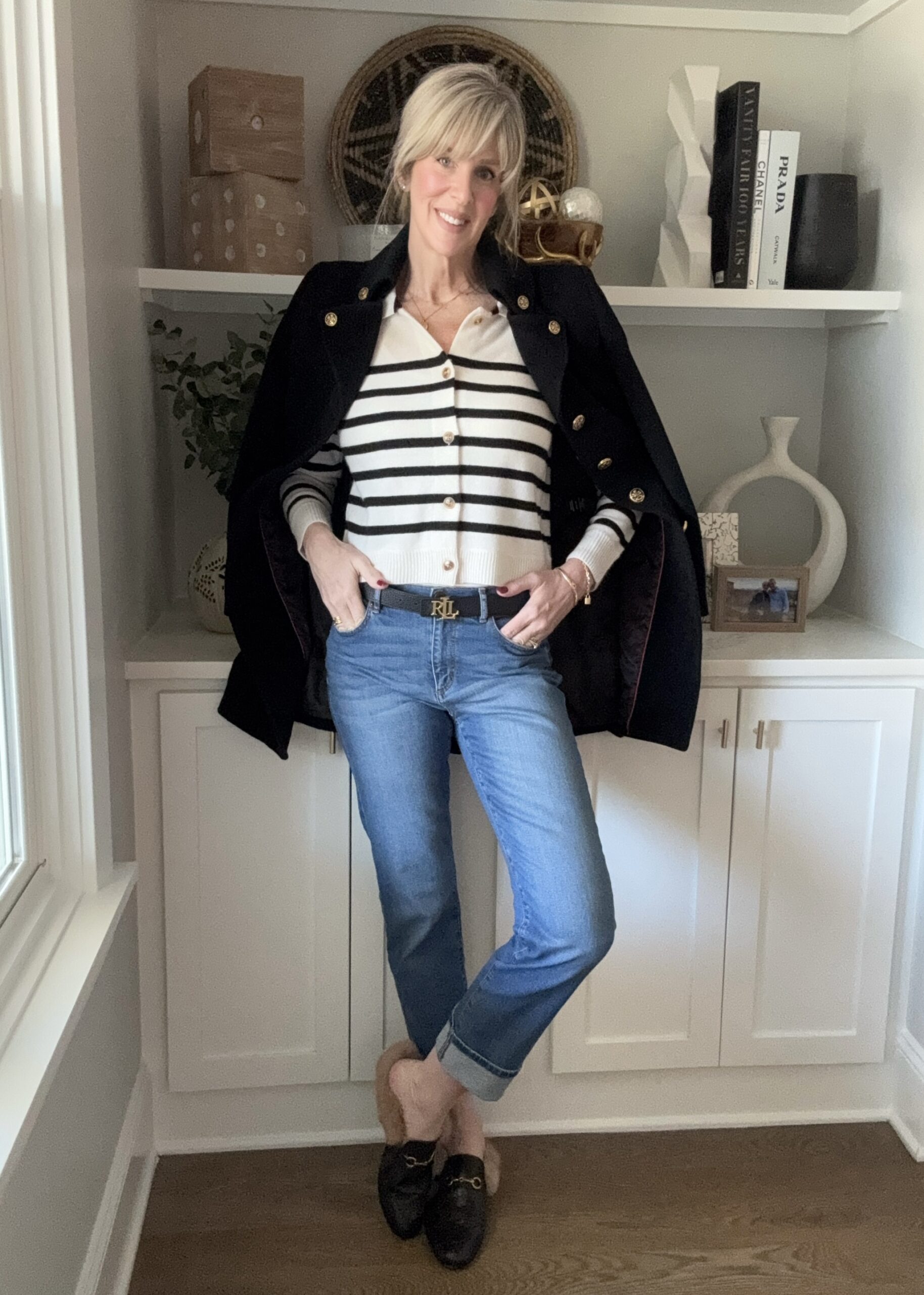 woman wearing Cashmere striped cardigan, french girl chic, french outfit ideas, girl girl aesthetic