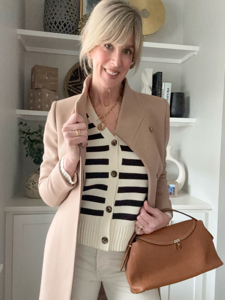 french girl aesthetic, woman wearing striped cardigan