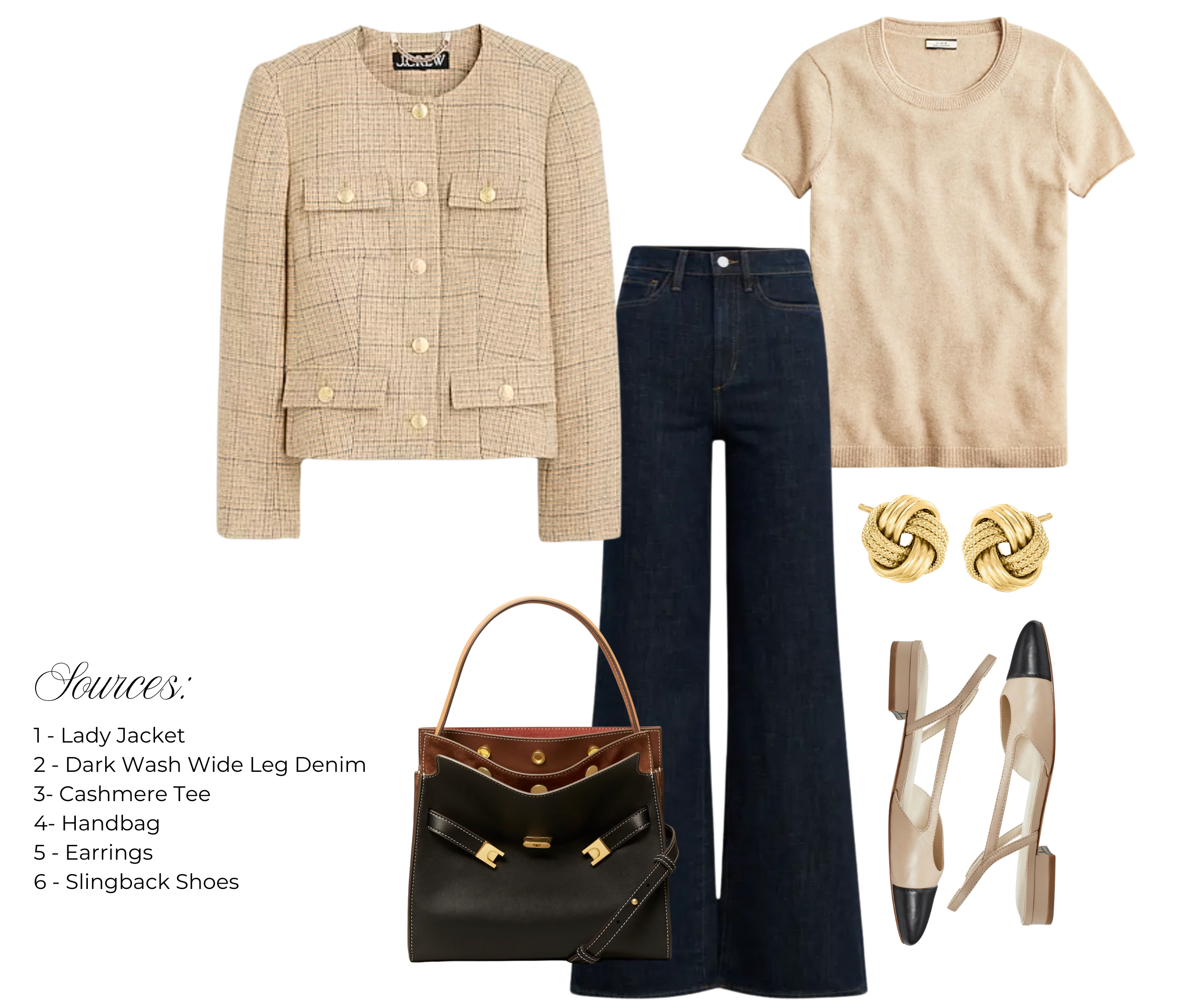 style guide what to wear for women over 50 showing a lady jacket, cashmere tee, wide leg denim, ballet flats, gold earrings and a handbag
