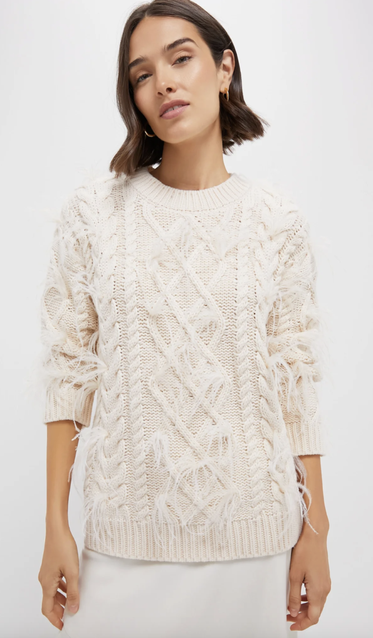 what to wear to brunch, A woman wearing a neutral cable knit sweater